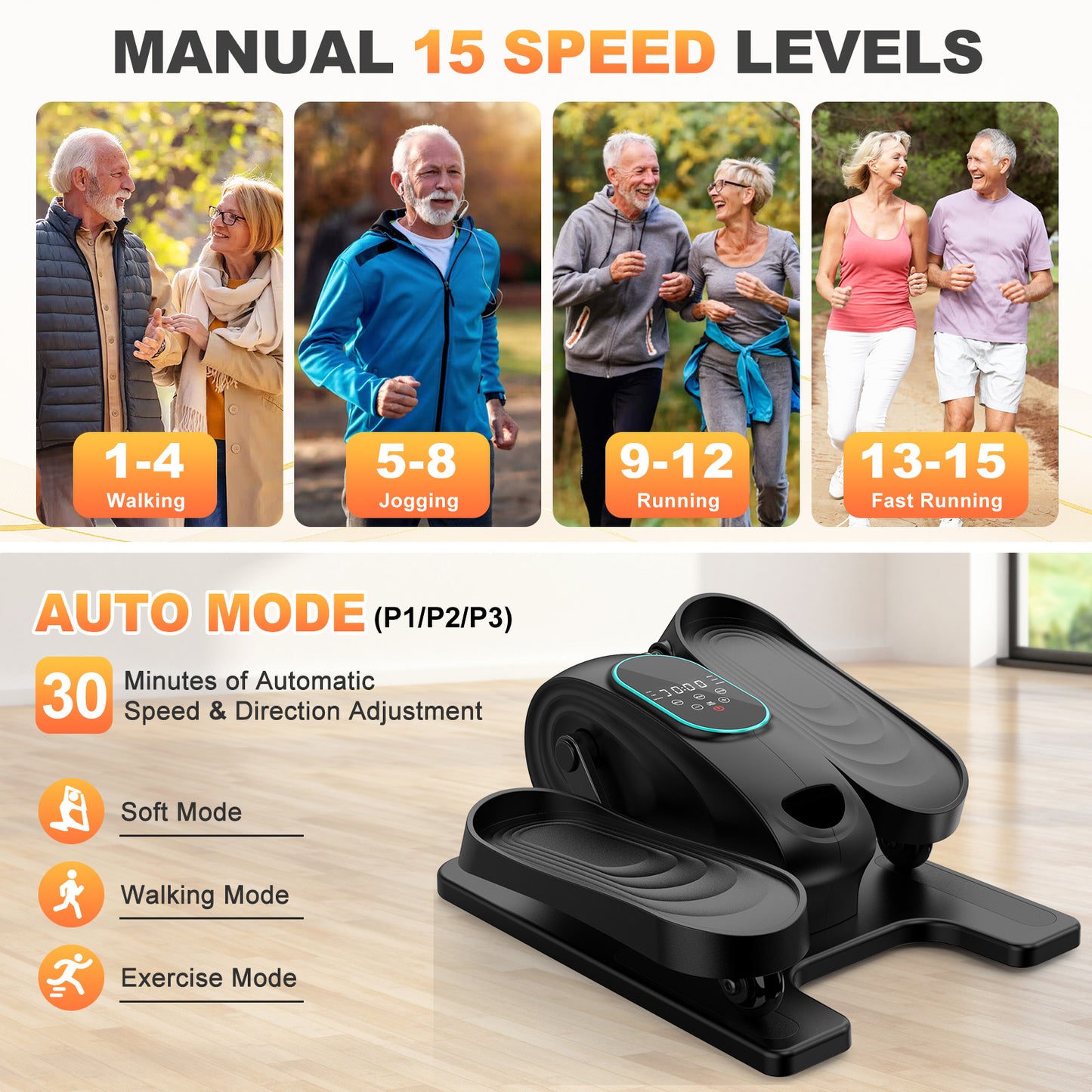 Funslim Under Desk Elliptical Exercise Machine, 15 Adjustable Electric Leg Exerciser for Seniors with Non-Slip Mat Quiet & Portable for Home and Office