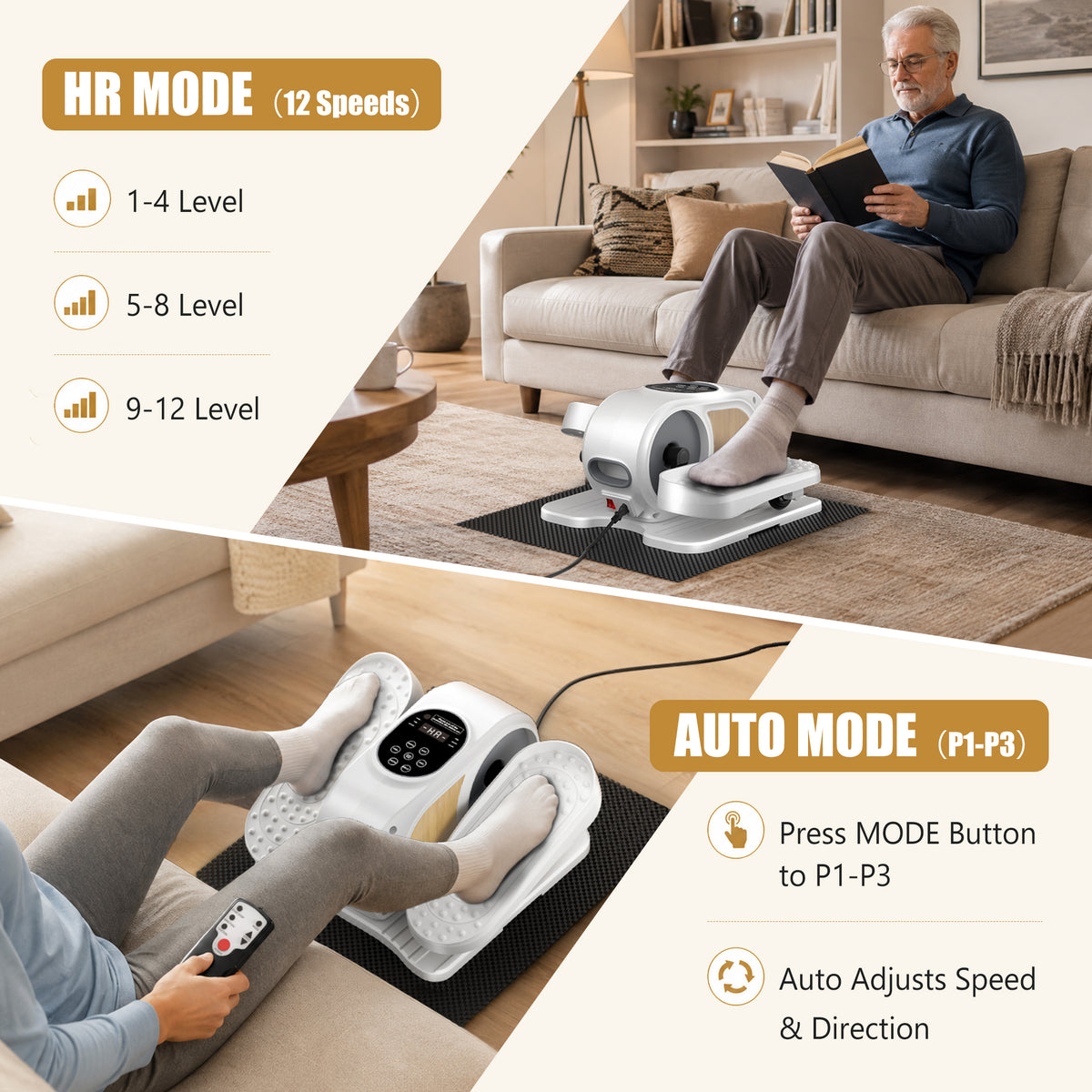Funslim Under Desk Elliptical Exercise Machine for Seniors,Portable & Quiet Electric Leg Exerciser While Sitting, Seated Pedal Exerciser with Remote Control & 12 Adjustable Speeds Wood White